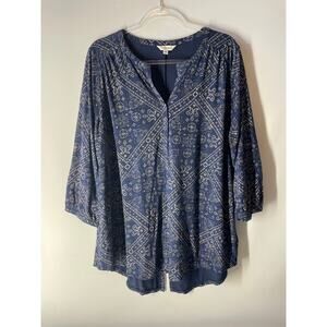 Lucky Brand Navy Tan Paisley Print 3/4 Sleeve Blouse Top Plus Size 1X
